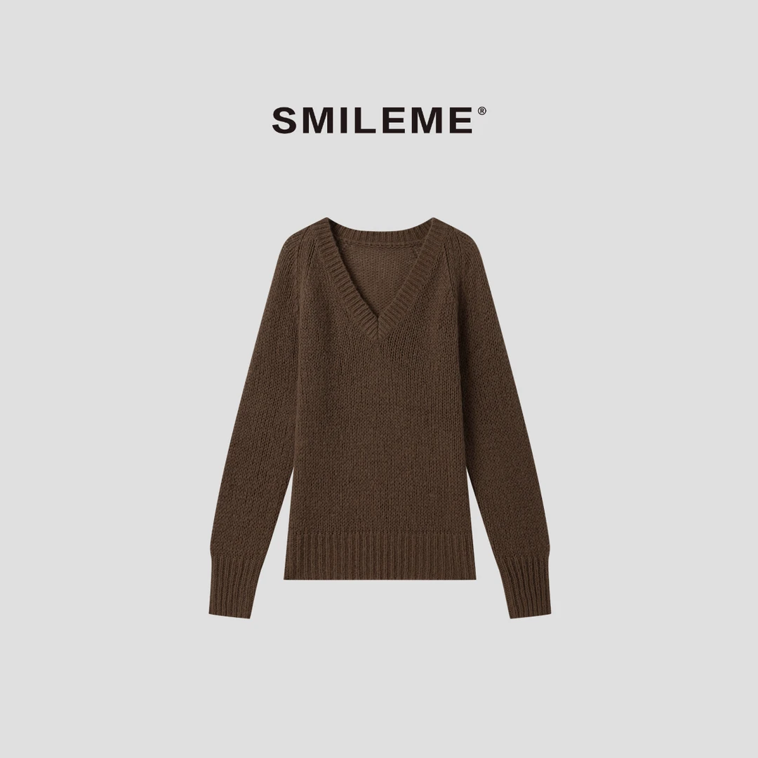 SMILEME【棕茸相契】韩系慵懒风 V 领通勤毛针织衫上衣R5376068