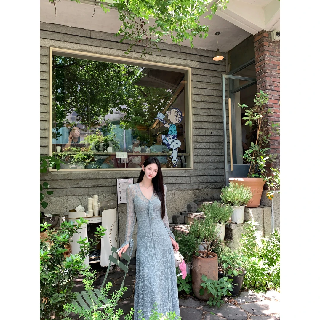 JING【铃兰】气质法式针织蕾丝透感系带喇叭袖连衣裙含吊带裙