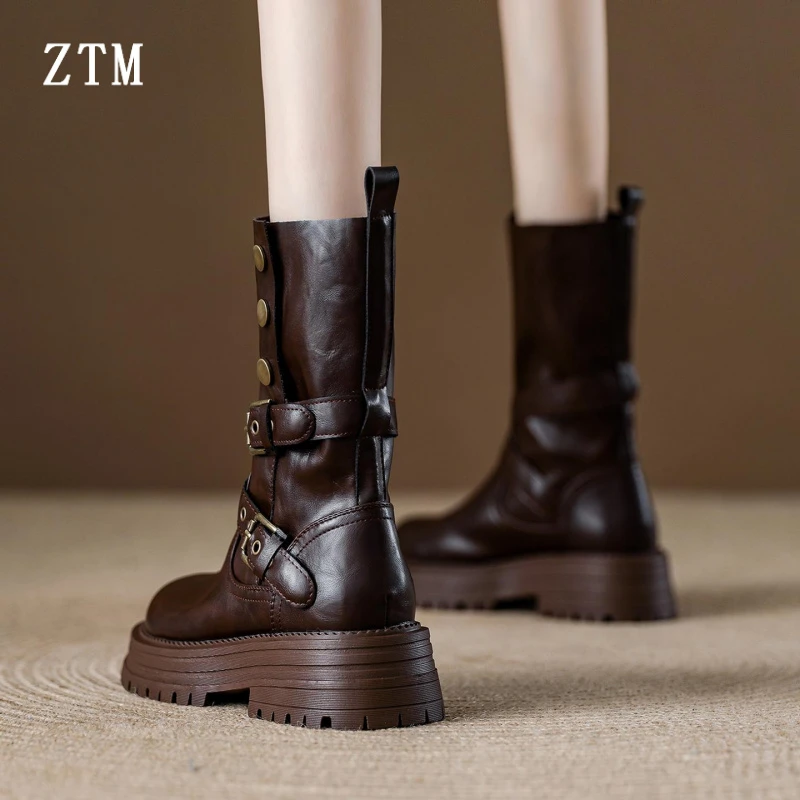 厚底英伦风中筒两穿马丁靴女2025新款女鞋圆头棕色靴子春秋单靴女