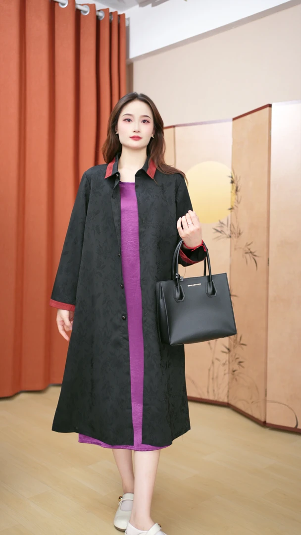 9936新中式长袖提花翻领女士时尚大气风衣气质显瘦百搭