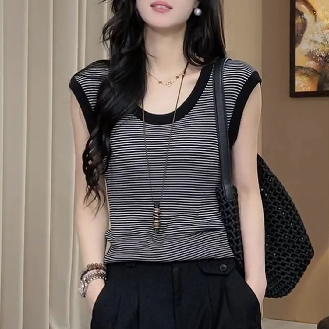 宽松遮肉显瘦上衣秋季内搭胖MM大码女装黑色条纹修身无袖U领背心