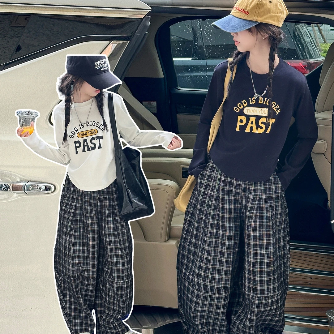 女童春秋款打底衫T恤纯棉 2025新款女大童儿童秋装时髦休闲格子裤