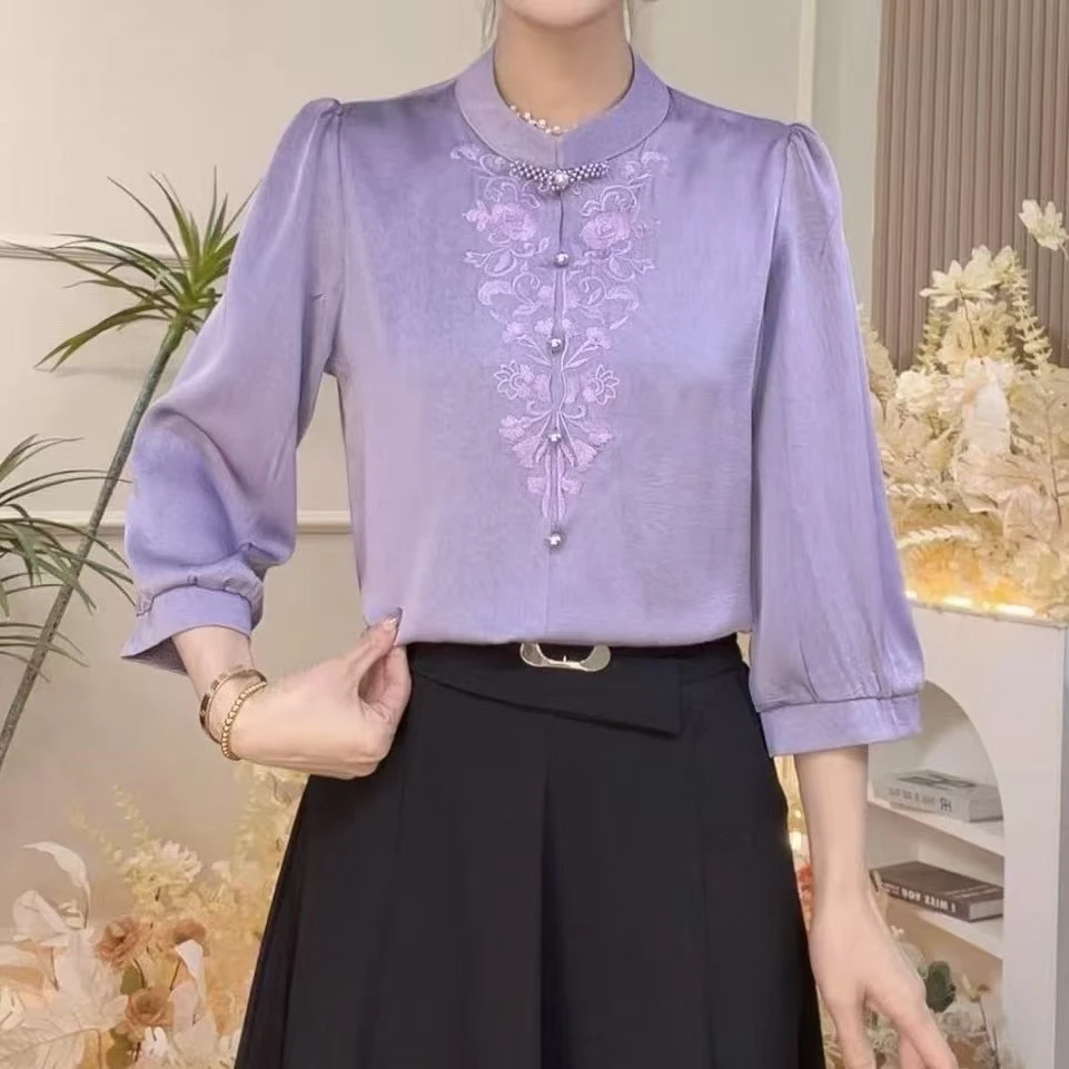 刺绣衬衫时尚纯色七分洋气2025夏季新款气质妈妈小衫百搭上衣外穿