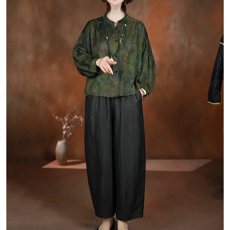 中式复古休闲宽松显瘦两件套2025秋季新款圆领长袖上衣+阔腿裤