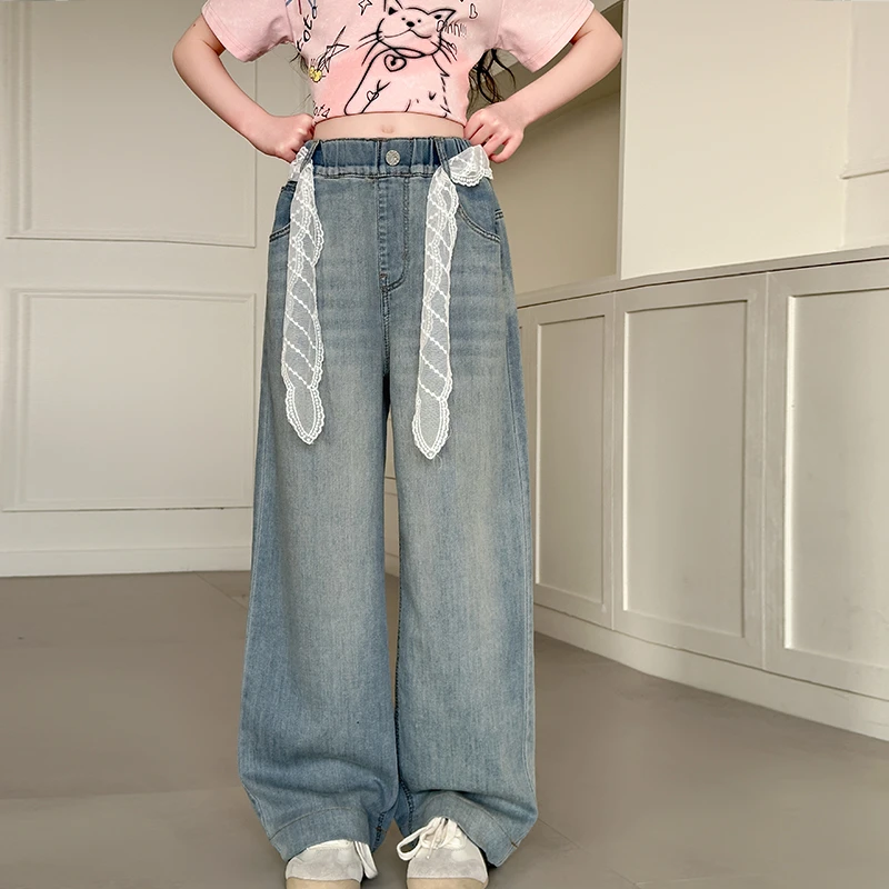 女童时髦蕾丝牛仔裤宽松直筒裤2025夏季新款中大童薄裤子时尚甜美