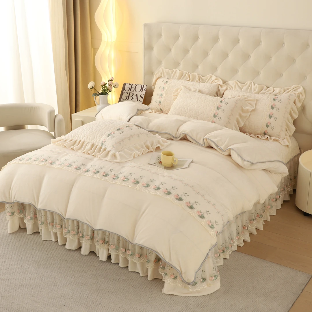 牛奶绒被套四件套刺绣花边床盖韩式防静电冬季保暖4件套加厚床单
