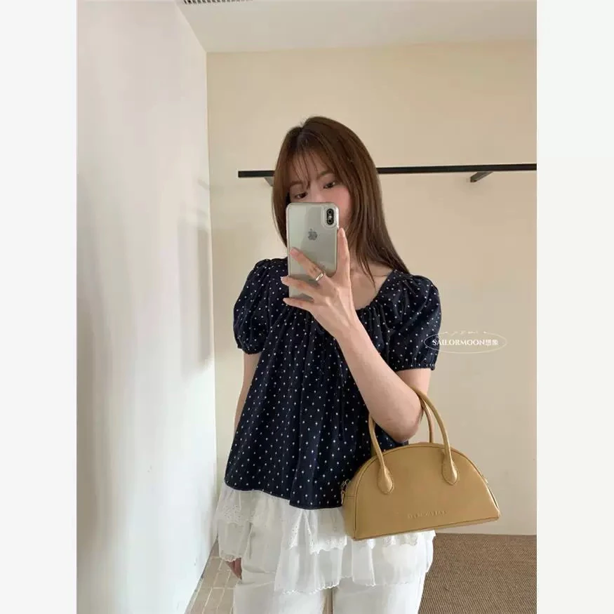 韩系甜美风方领泡泡袖波点荷叶边小衫女士夏款宽松显瘦短袖上衣