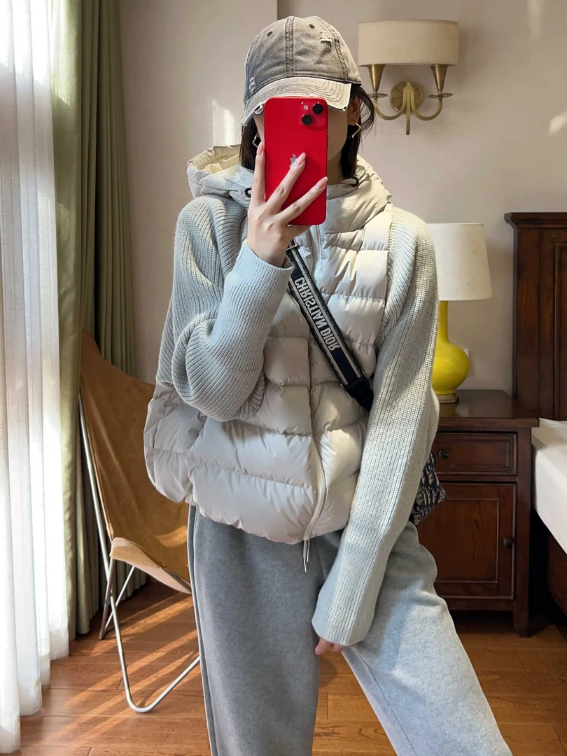 90白鸭绒2025冬季高品质小众设计针织拼接假两件短款连帽羽绒服潮