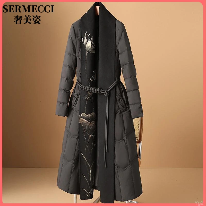 奢美姿荷花文艺淑女气质冬轻奢国风绣花轻奢拼接外套长款羽绒服女