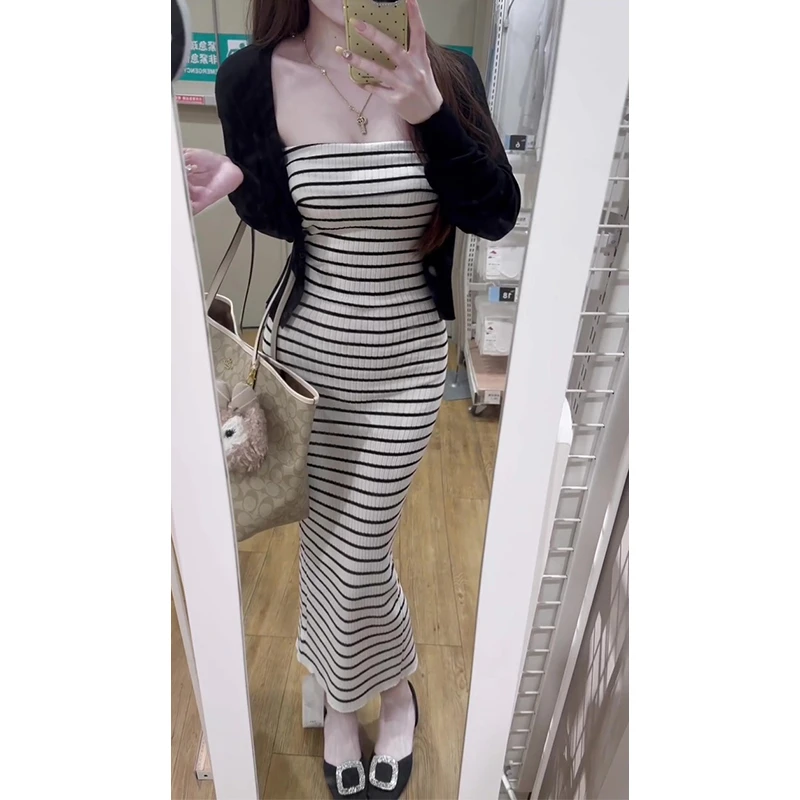 2025夏季新款女法式气质修身薄款开衫收腰显瘦包臀条纹抹胸连衣裙