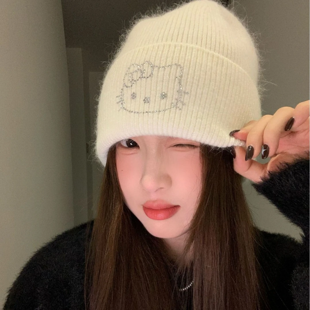 2026新秋冬凯蒂猫烫钻图案保暖针织帽女舒适时尚百搭可爱毛线帽子
