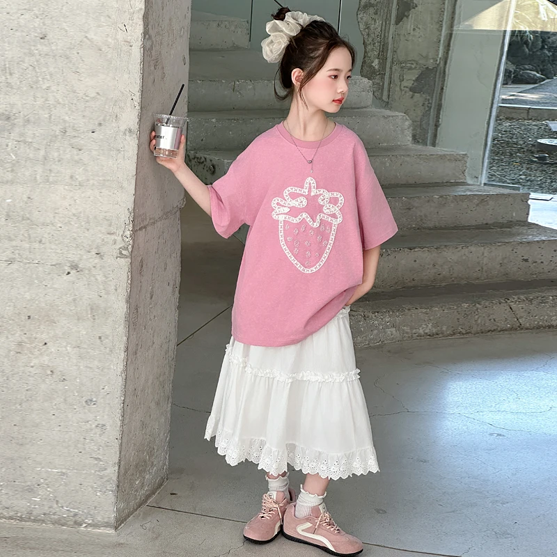 女童夏装套装2025新款休闲韩版中大童卡通草莓绣花半身裙两件套