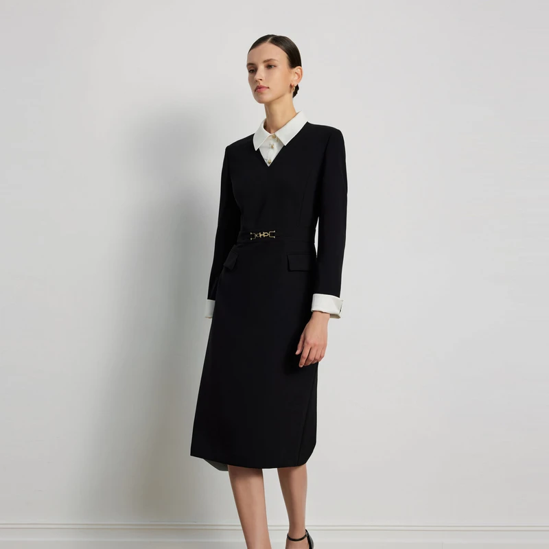 Scofield女衬衫领长袖连衣裙收腰设计职场通勤连衣裙2025秋新品