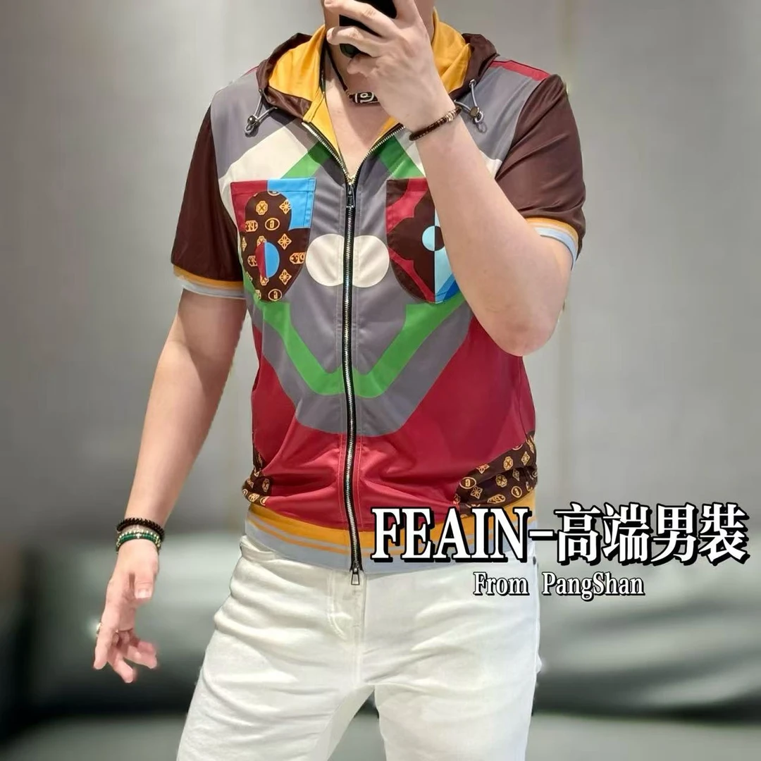 【乔治·雷迪尼】进口弹力莱卡男士定制拼色撞色连帽短袖夹克1427