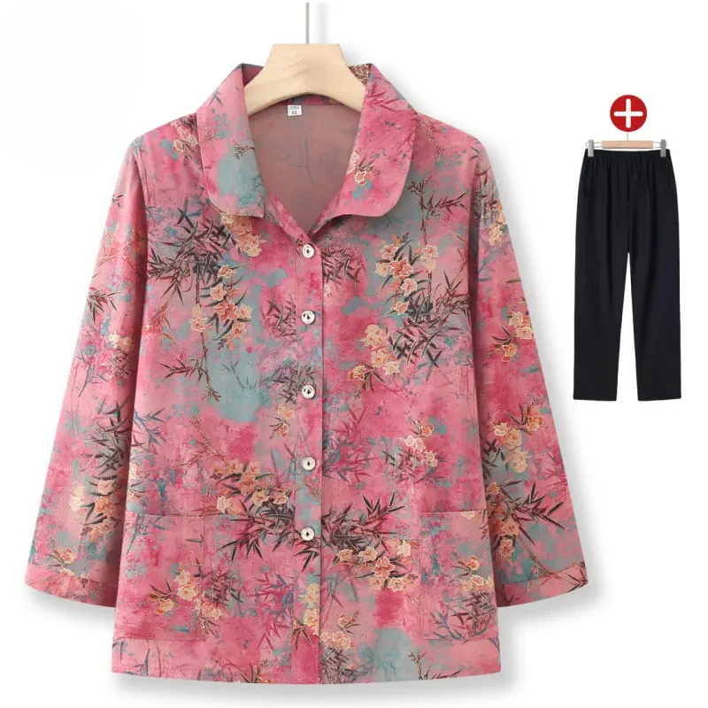 清凉夏装奶奶装七分袖女装衬衫老人妈妈装翻领中老年女装妈妈装