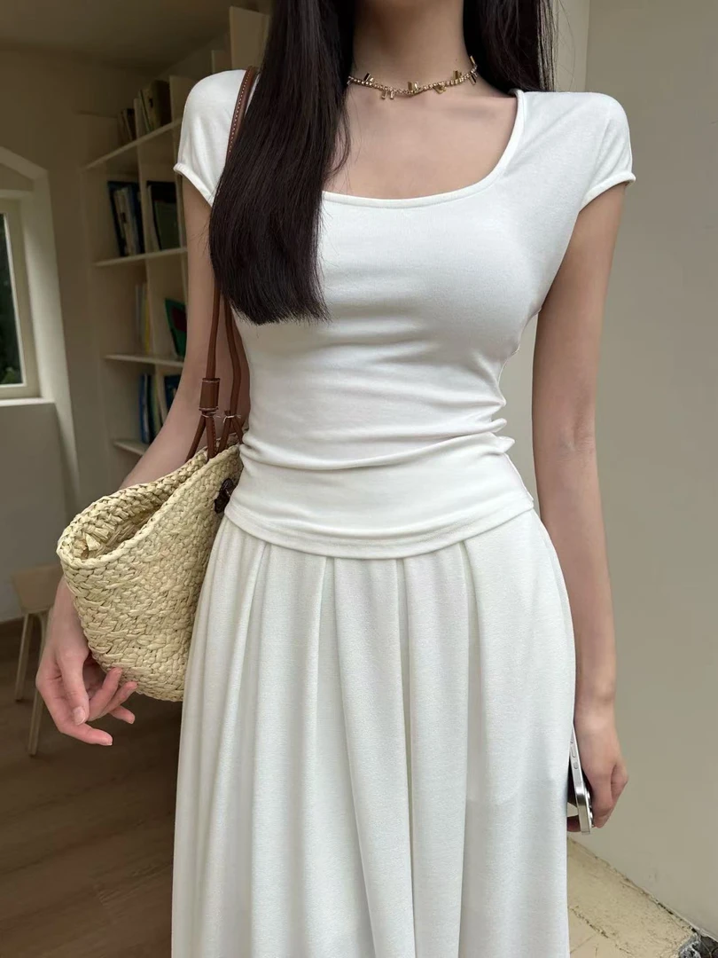 方领修身百搭气质韩系高级感短袖上衣