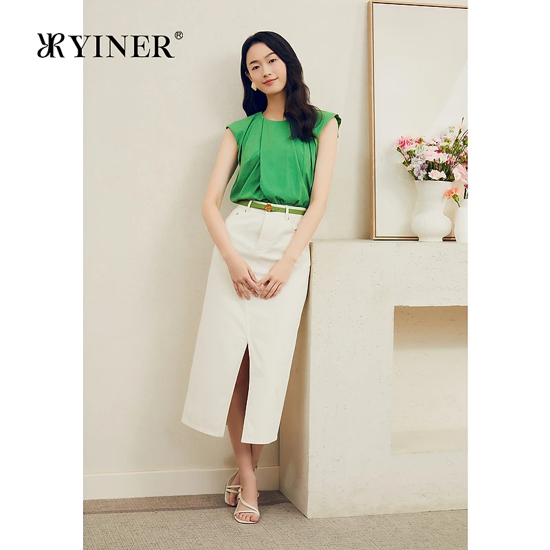 【博主同款】YINER音儿夏季亲肤纯棉开衩白色牛仔半身裙