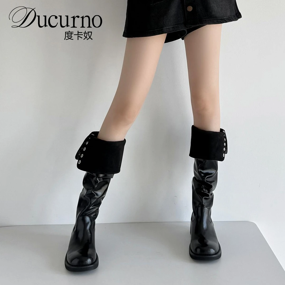 DUCURNO黑色圆头粗跟弹力长靴女两穿过膝靴显瘦堆堆靴高筒骑士靴