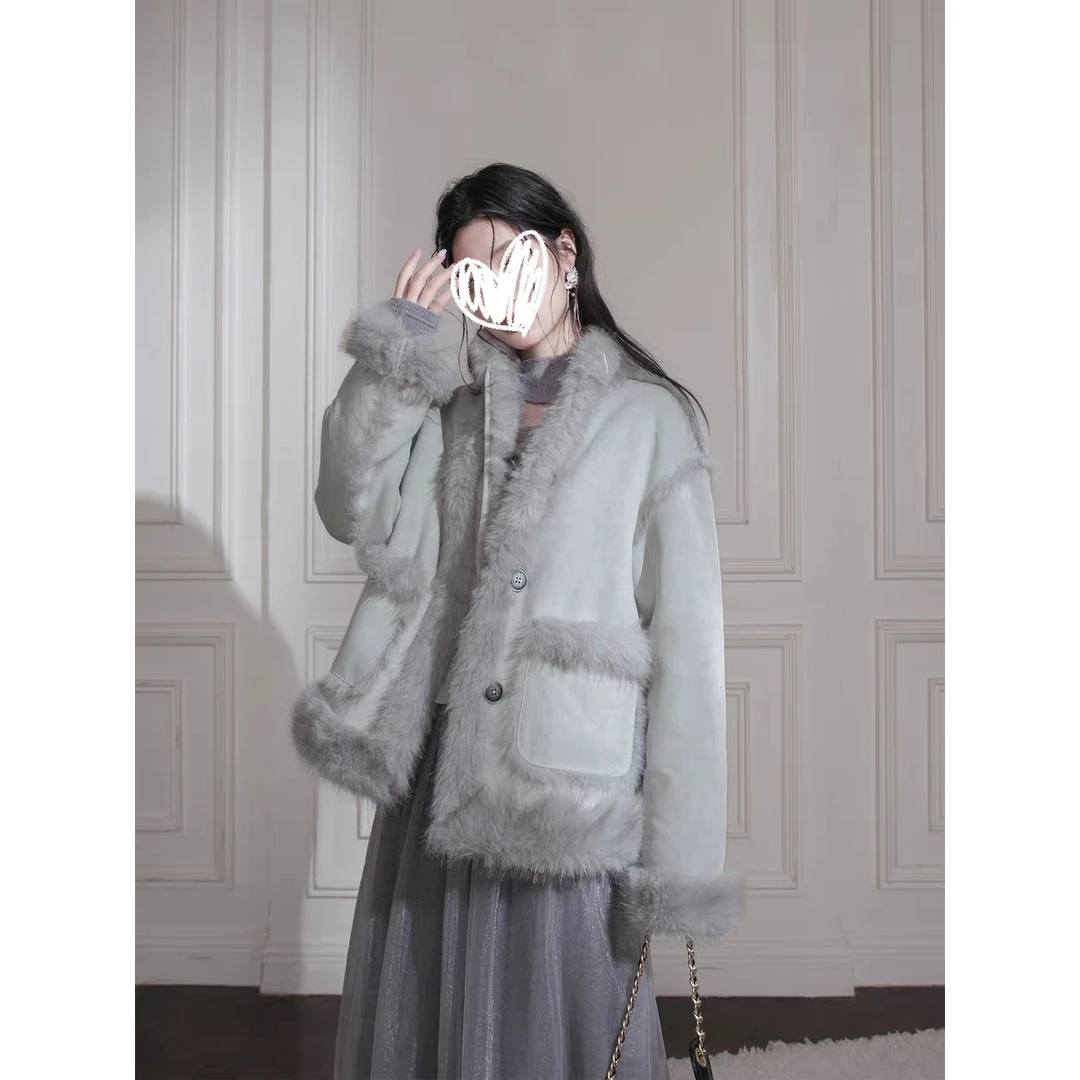 「雾境漫游」雾凇灰蓝 正反两穿小立领毛毛短外套毛一体上衣