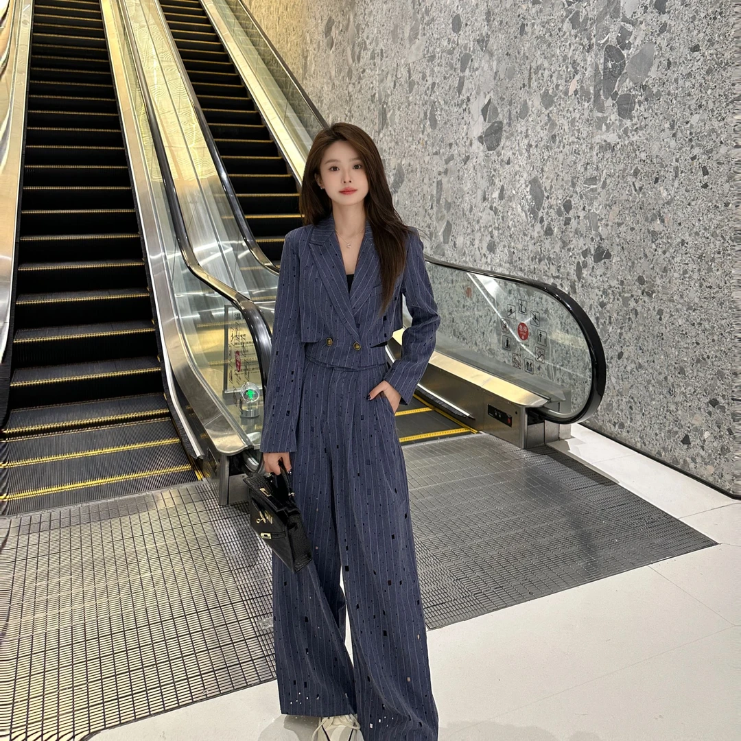 LiixuSP高级感西装套装女烫钻镂空外套阔腿裤两件套套装24TZ076