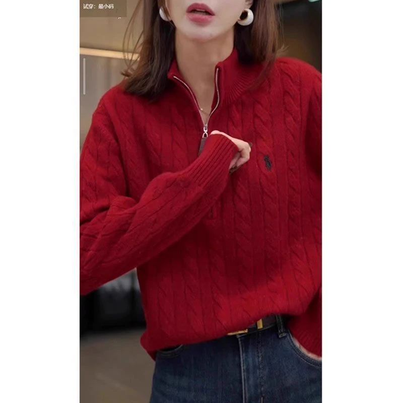 秋冬款半拉链麻花毛线针织上衣女款潮流休闲通勤保暖百搭立领毛衣