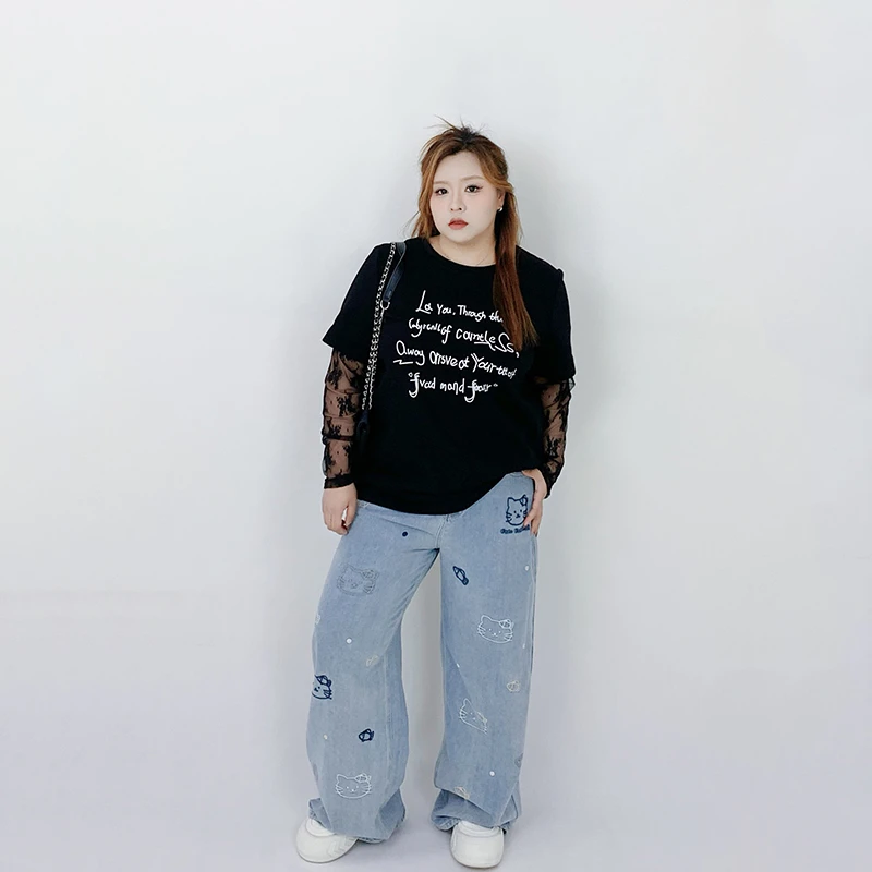 Milu家大码女装秋设计感假两件蕾丝拼接宽松长袖t恤胖mm显瘦上衣