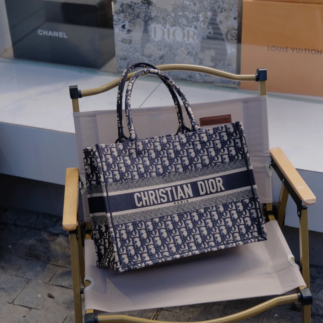 99新 DIOR/迪奥 老花托特包包/手提单肩/中号/蓝色