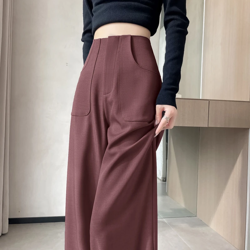 安可拉红高级感西装裤女秋季2024新款高腰直筒窄版显瘦垂感阔腿裤