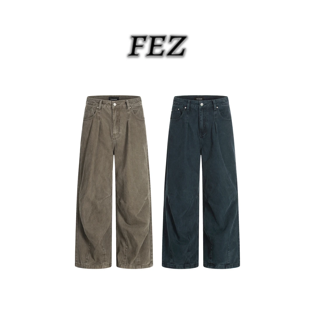 FEZ休闲风阔腿裤做旧长裤秋季牛仔裤裤子高街春夏宽松