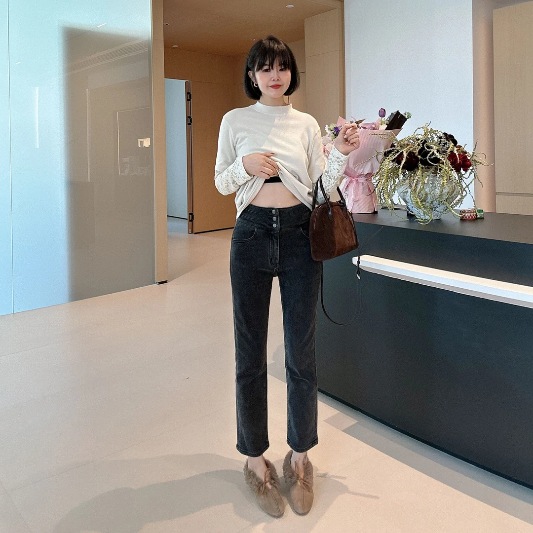 冬季窄版直筒小个子高腰显瘦直筒加绒烟管裤