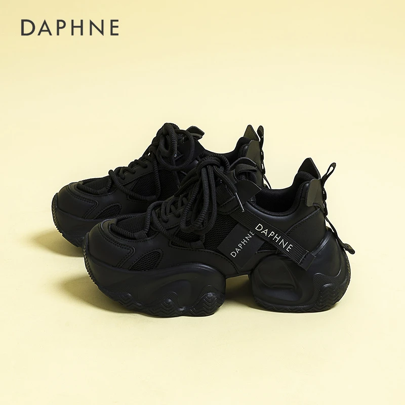 Daphne/达芙妮潮流黑色帅气老爹鞋女2025秋季新款网面厚底增高鞋