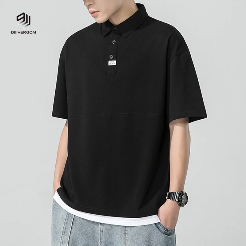 DIIIVERGOM日系纯色衫男短袖夏季新款宽松翻领恤半袖保罗衫男潮流