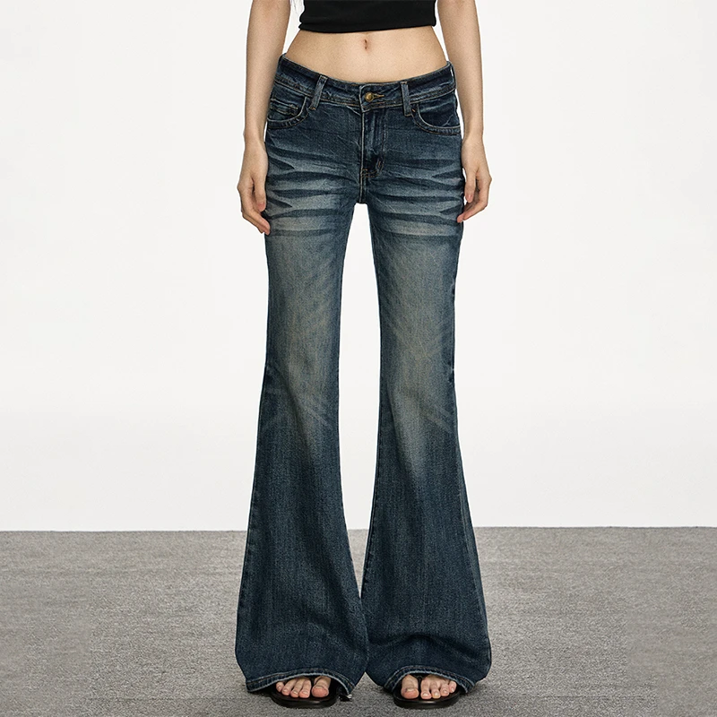 anna aneae低腰复古蓝做旧微喇叭牛仔裤女夏季新款修身显高长裤子