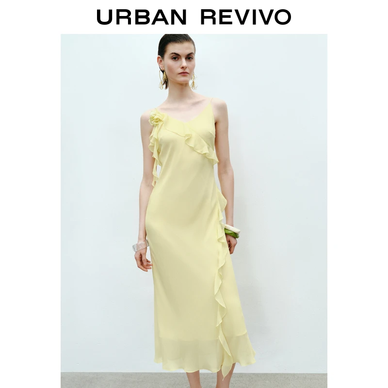 UR2025春季新款女装波嬉度假风荷叶边吊带连衣裙UWG750042