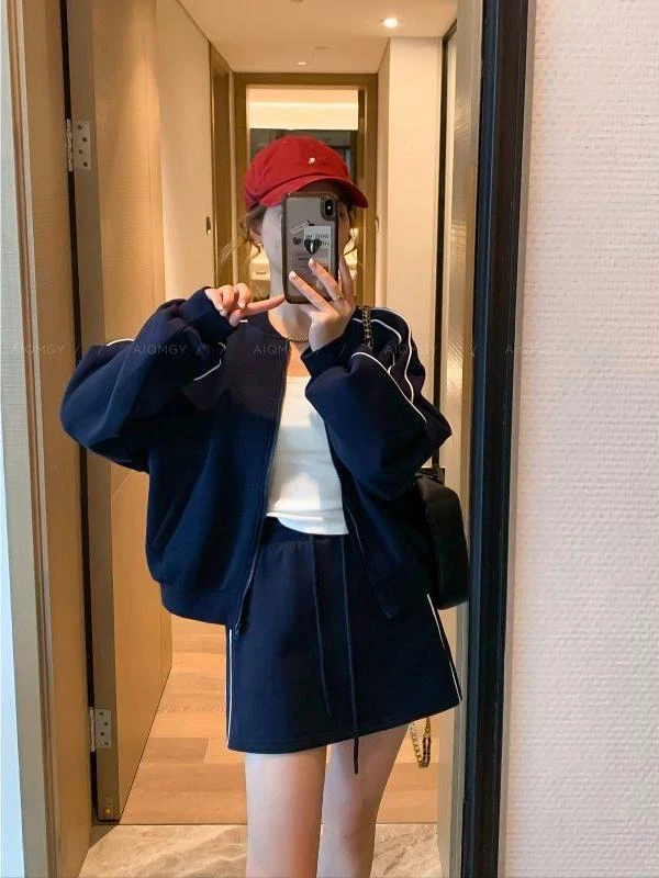 休闲运动套装女秋冬显瘦加绒加厚外套短裙裤小众炸街高级感女装