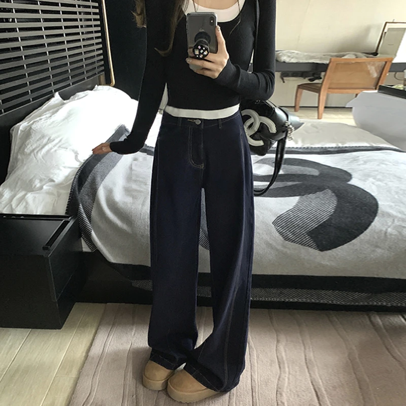 裤长113cm 丹宁蓝阔腿牛仔裤新款高腰显瘦宽松垂感设计拖地直筒裤