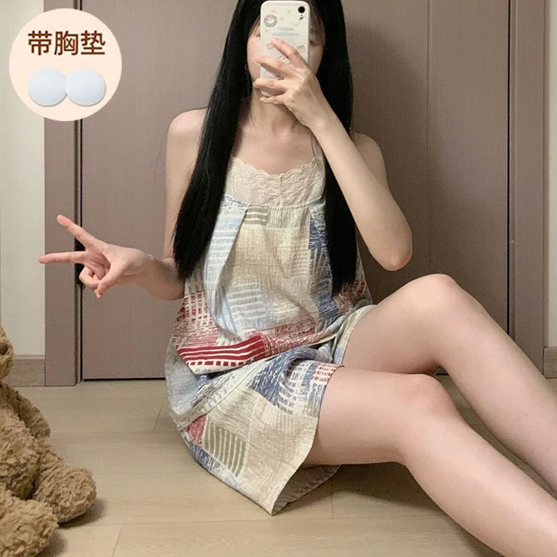 带胸垫蕾丝花边吊带睡衣女夏季无袖背心韩系甜美纯欲风家居服套装