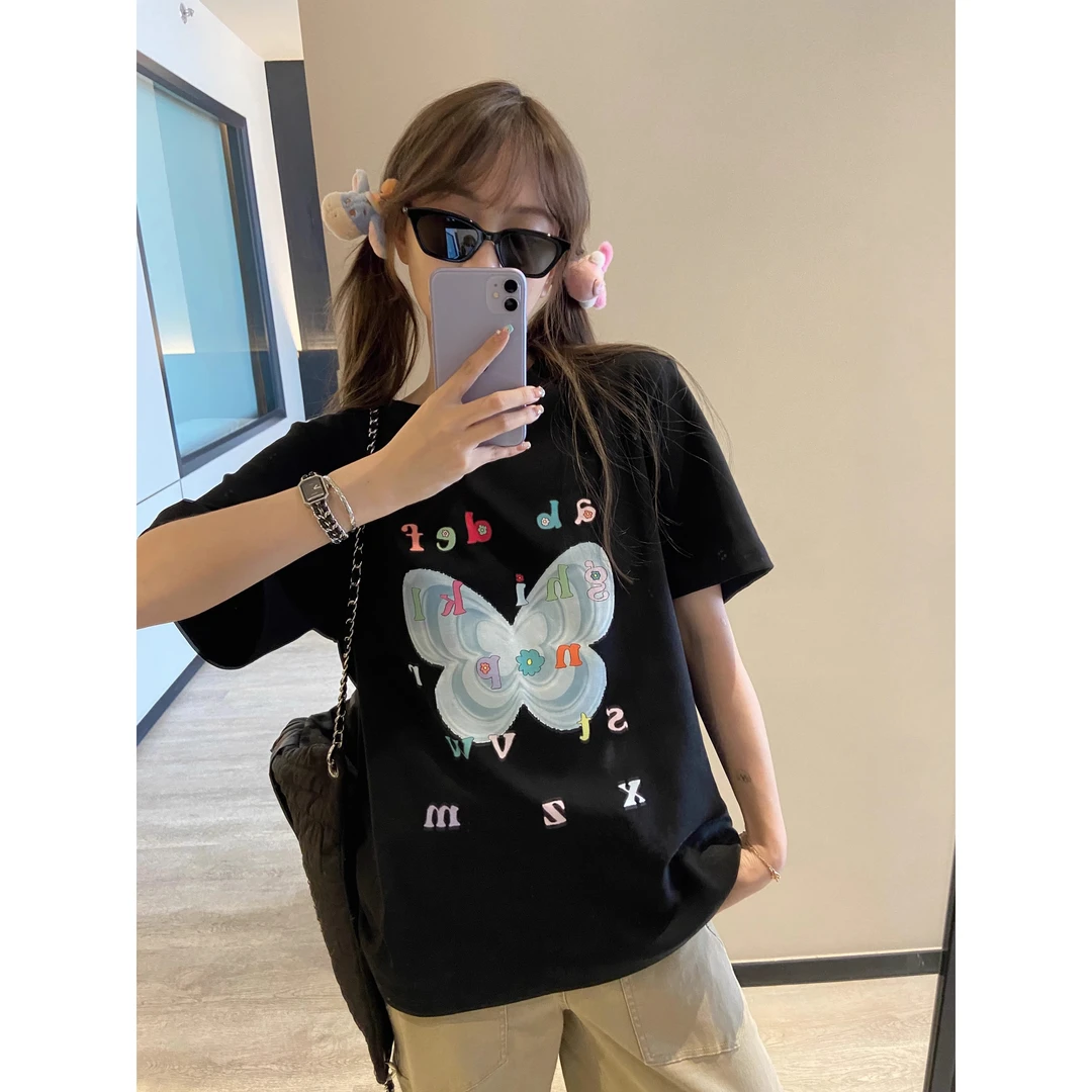 美式复古蝴蝶印花短袖t恤女2025新款情侣装宽松显瘦大码上衣夏季