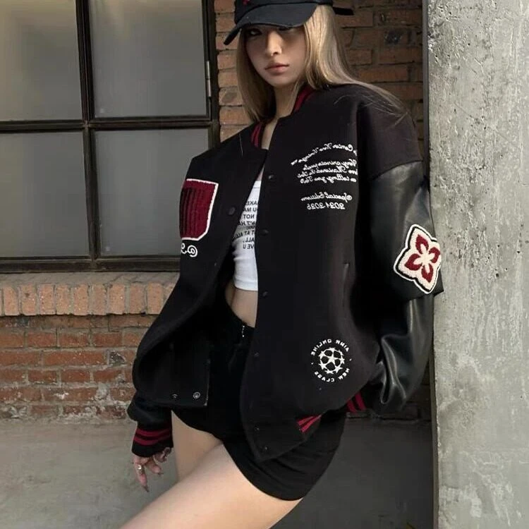 美式潮牌棒球服外套男女情侣款春秋刺绣拼接宽松休闲PU皮夹克男