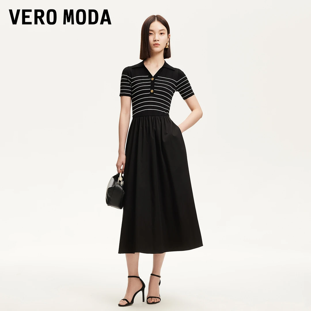 Vero Moda连衣裙女2025夏季V形翻领撞色条纹针织拼接甜美可爱风格