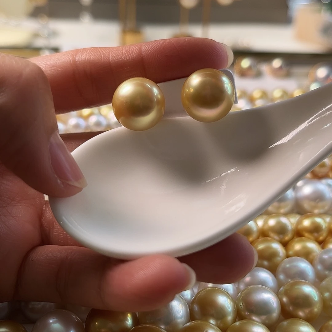 海水珍珠耳饰18K金镶嵌南洋浓金珍珠14