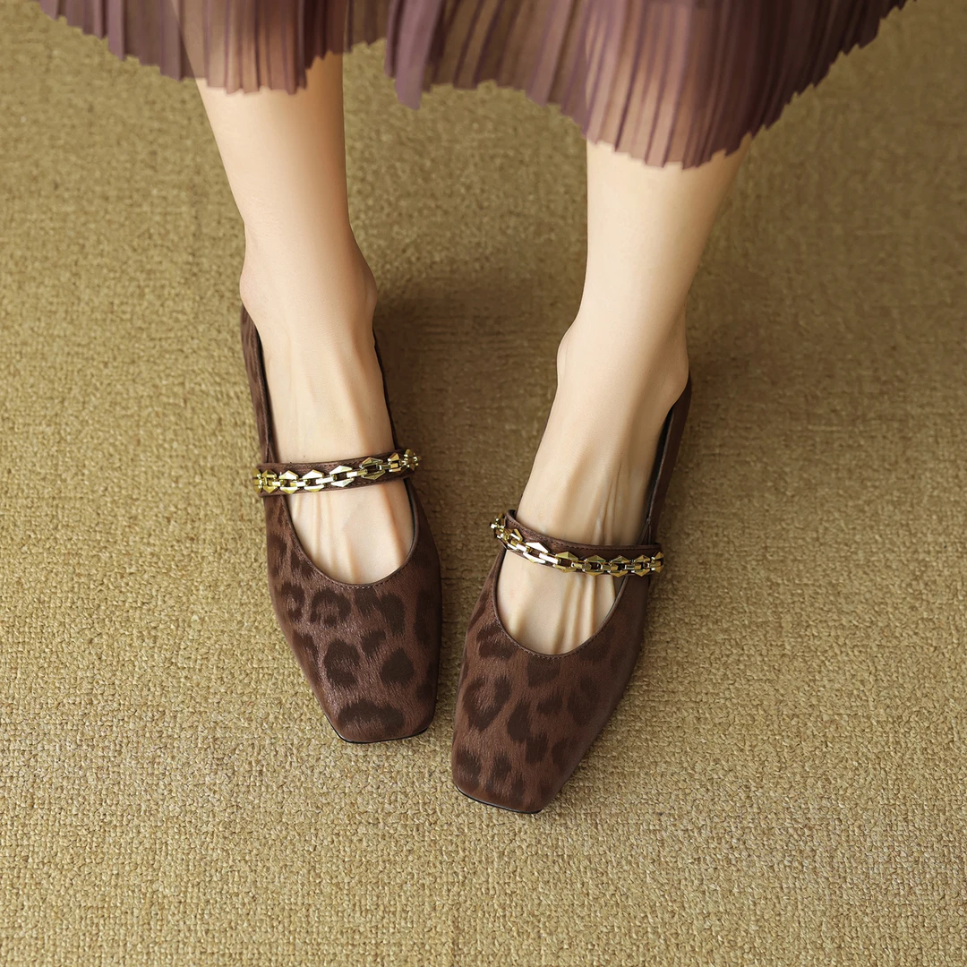 百搭豹纹浅口单鞋女秋新款软底奶奶鞋方头复古玛丽珍气质真皮坡跟