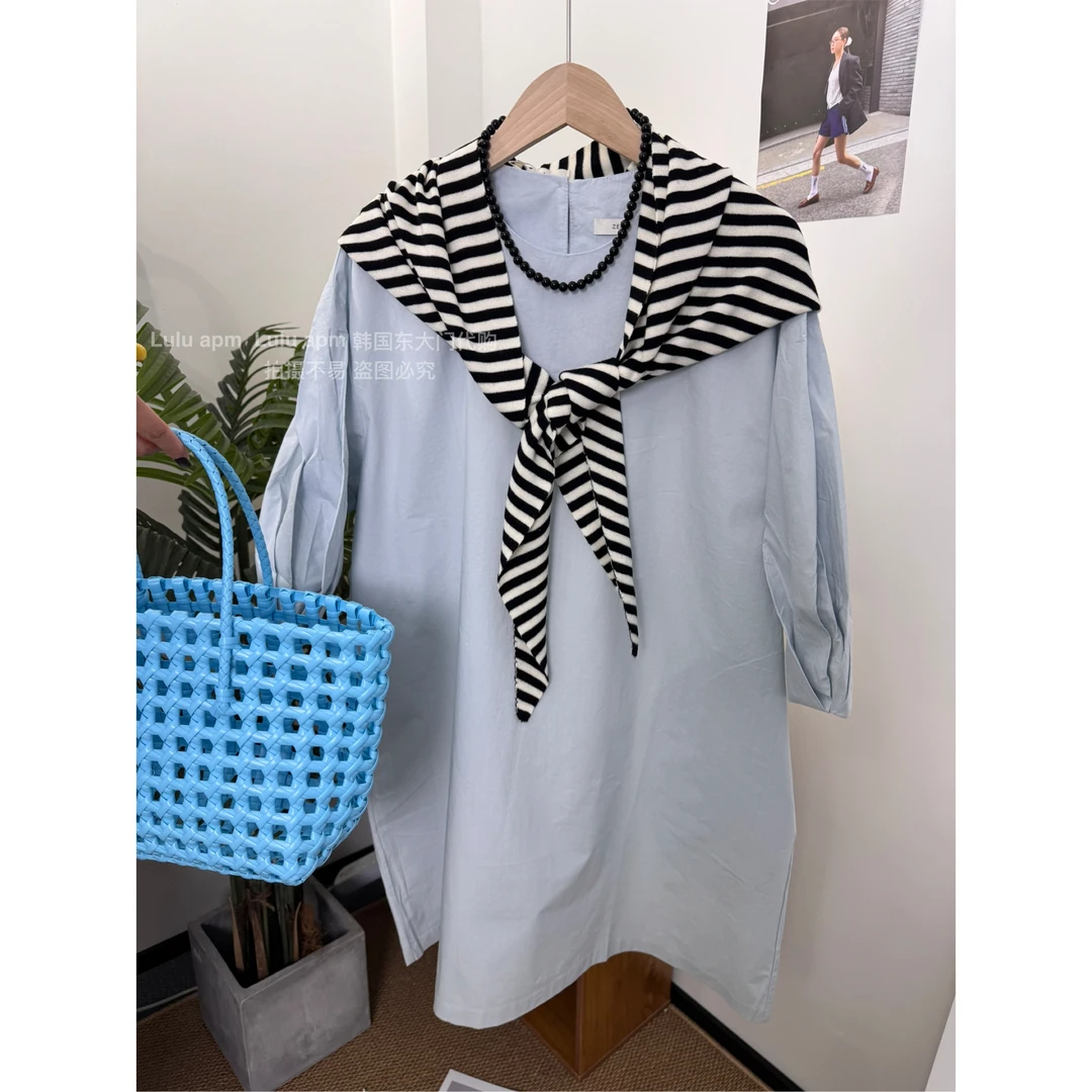 （条纹雾霾蓝）条纹外搭小披肩设计2025新款遮肉衬衣上衣女衬衫C608