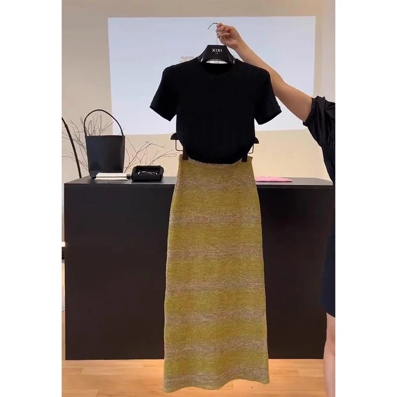 潮流时尚高端套装裙奢华奢华网红气质女神范减龄黄色半身裙女夏季