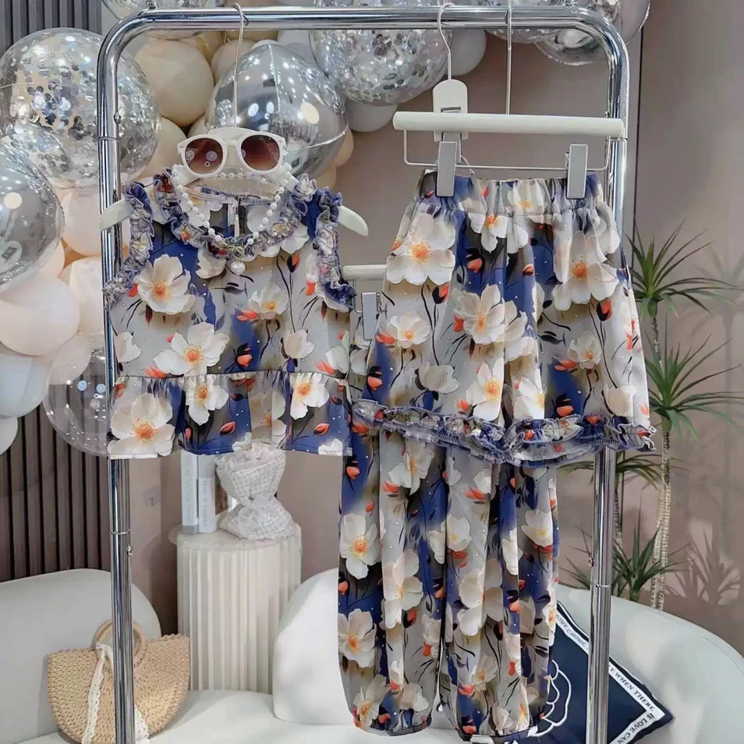 308哈哈家女童洋气新款碎花雪纺三件套凉凉套装