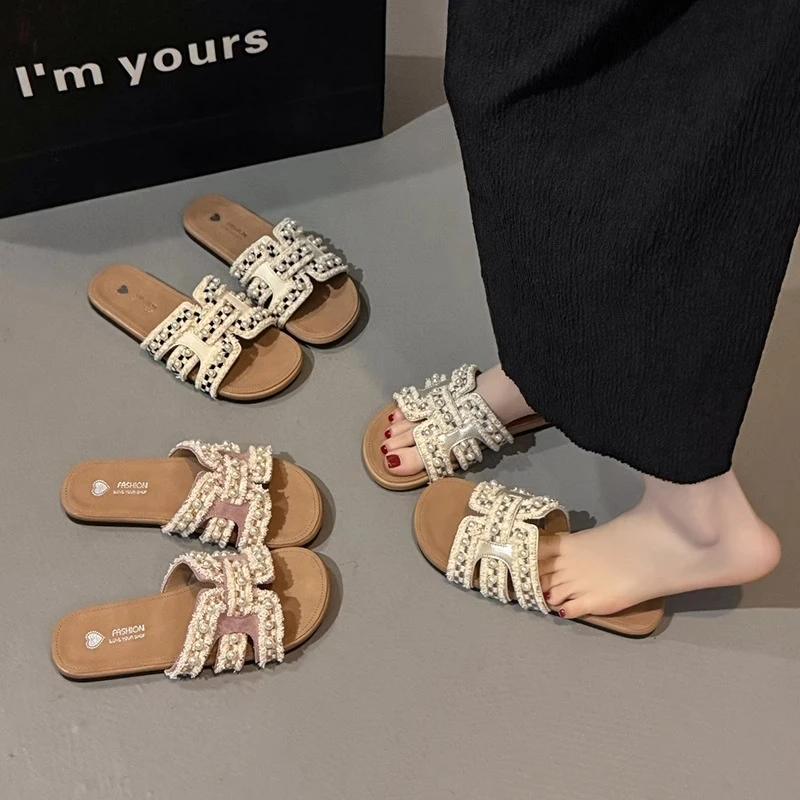 珍珠法式度假凉拖鞋女夏外穿2025新款平底防滑配裙子温柔一字拖鞋