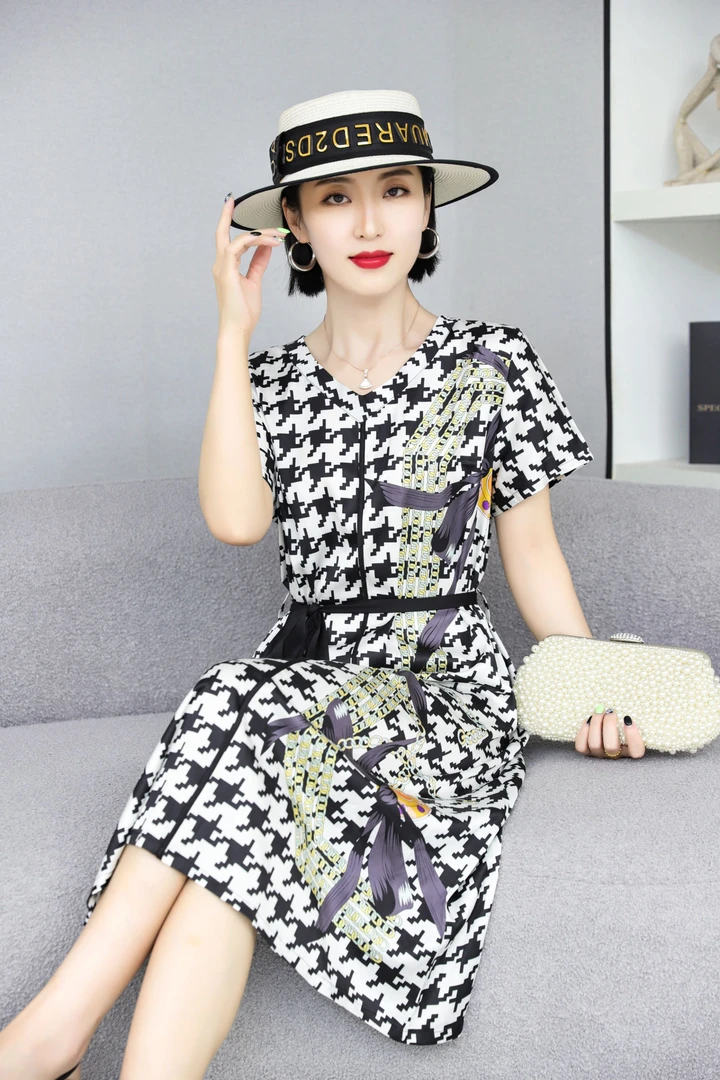 【原厂正品】Y705千鸟格V领连衣裙遮肚子时尚气质短袖系腰带裙子