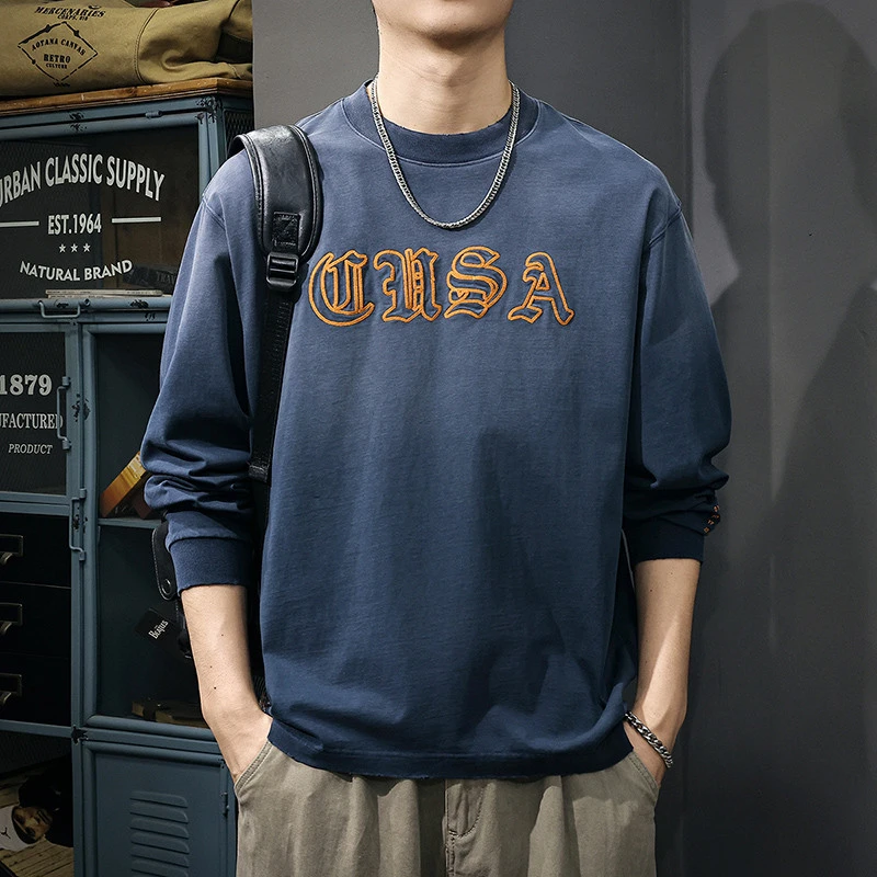 美式复古渐变长袖t恤男秋季新款字母刺绣打底衫宽松休闲圆领卫衣