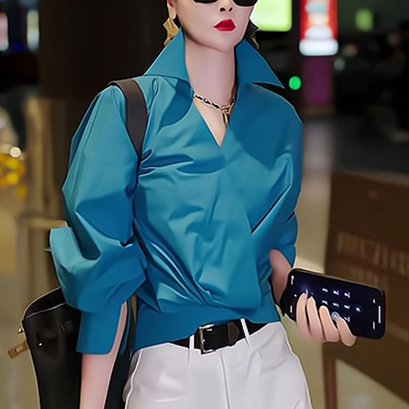 设计感翻领衬衫女秋季2025新款宽松显瘦精致欧货蓝色百搭打底上衣