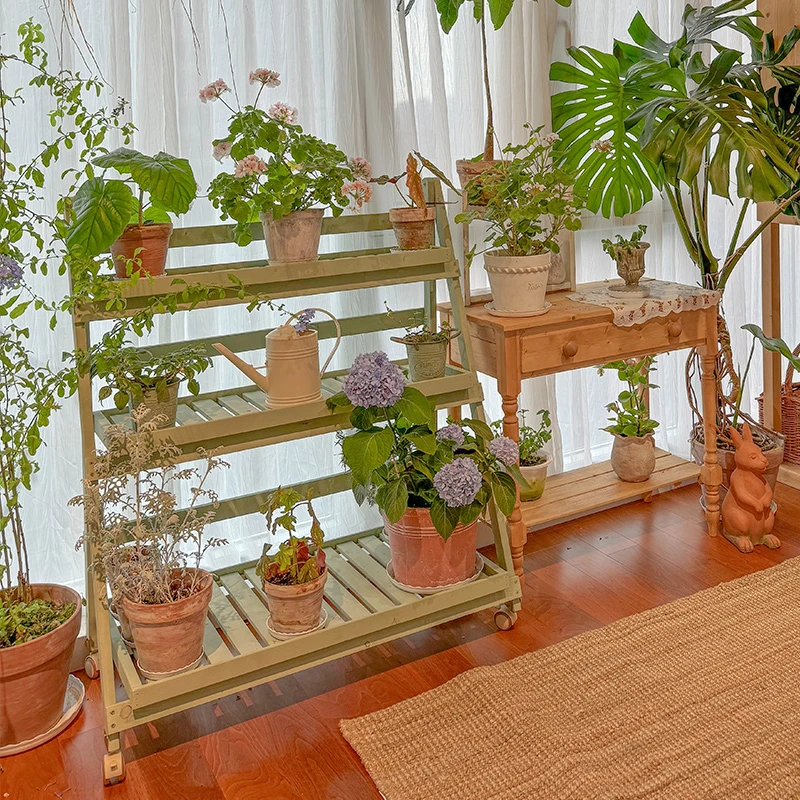 绿植置物架多肉花架子阳台多层落地式实木植物摆放架移动花架带轮